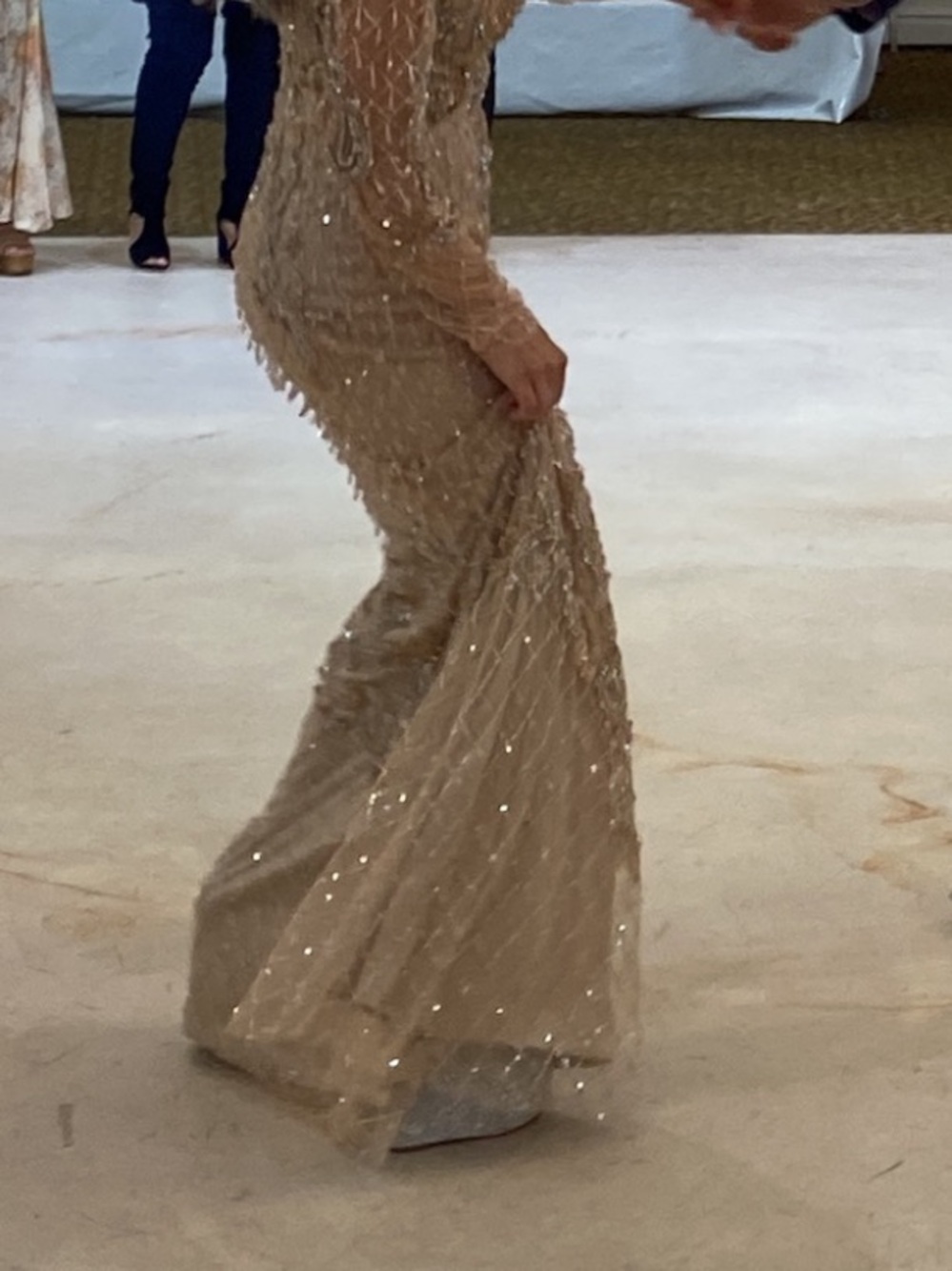 Beige Sequin Long Sleeve Evening Gown